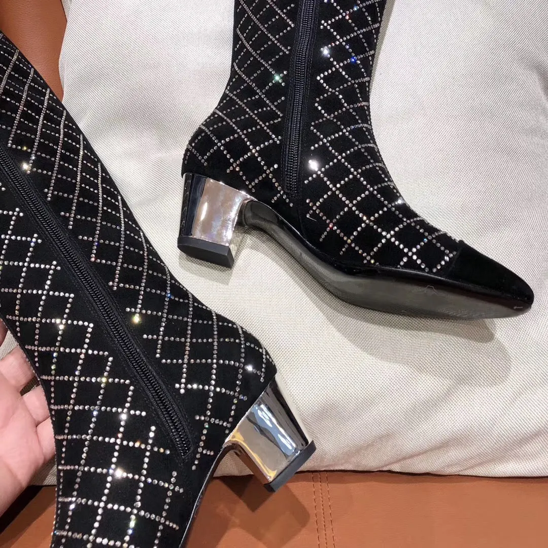 women female crystal diamond  knee high genuine leather  knee boots