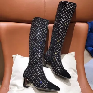 women female crystal diamond  knee high genuine leather  knee boots