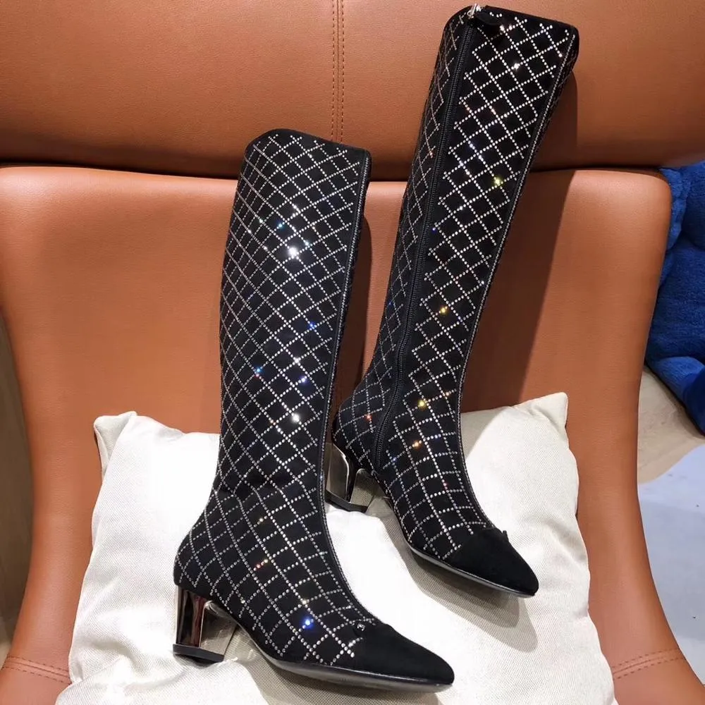 women female crystal diamond  knee high genuine leather  knee boots