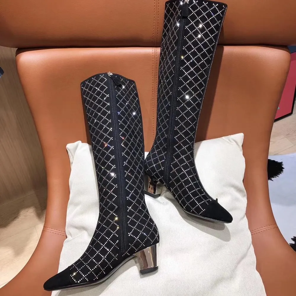 women female crystal diamond  knee high genuine leather  knee boots