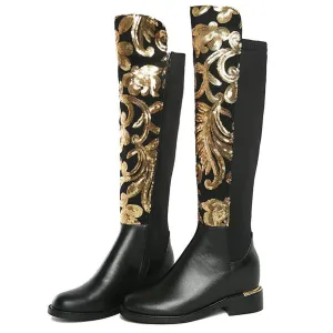Women Genuine Leather Hidden Wedges Knee High Military Boots Round Toe