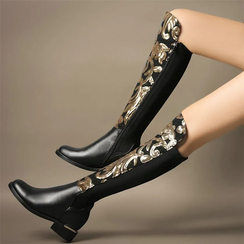 Women Genuine Leather Hidden Wedges Knee High Military Boots Round Toe