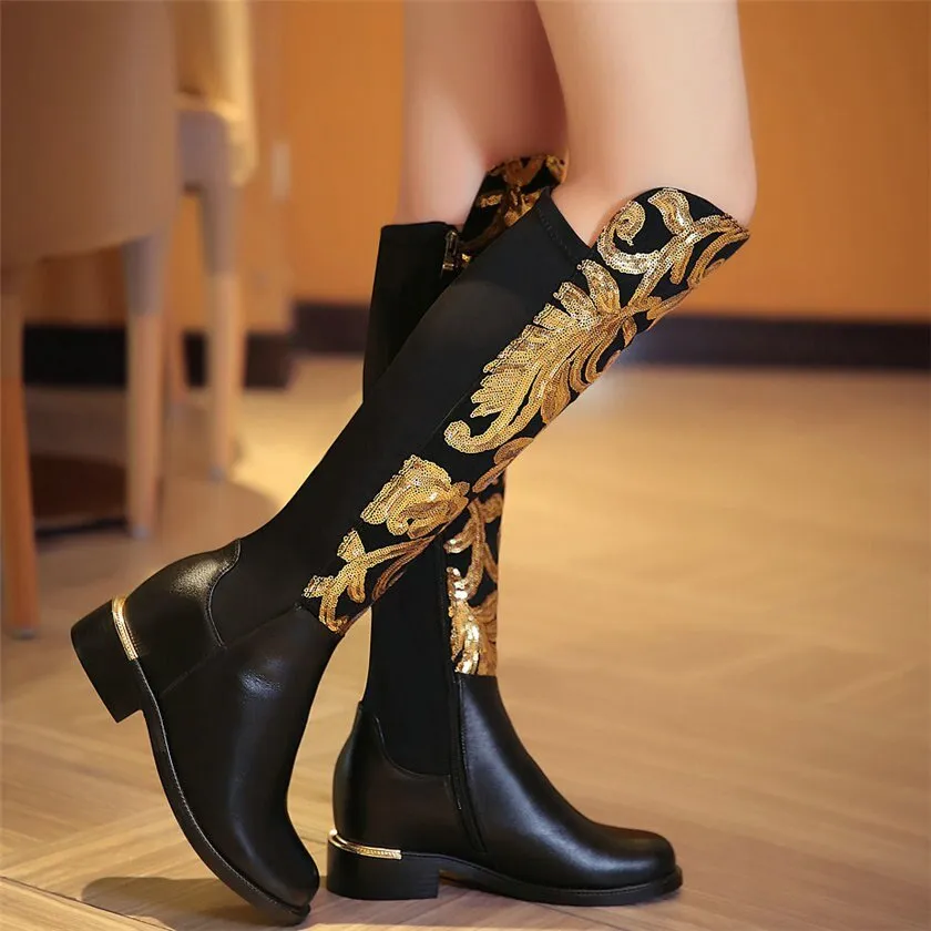 Women Genuine Leather Hidden Wedges Knee High Military Boots Round Toe