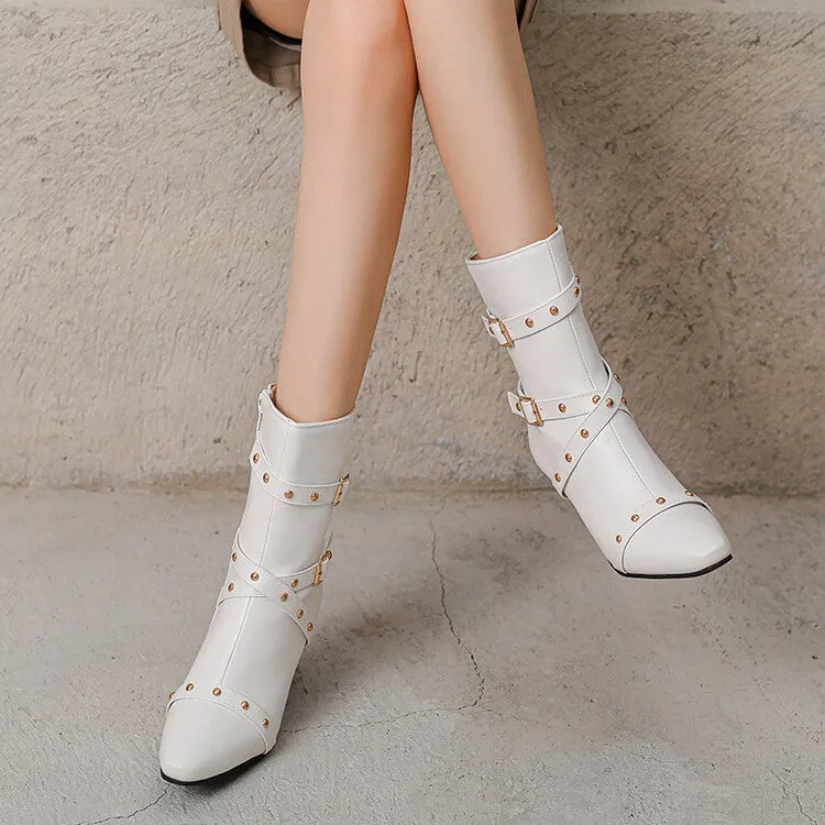 Women's Buckle Strap Pointed Toe Studded Spike Heel Ankle Boots