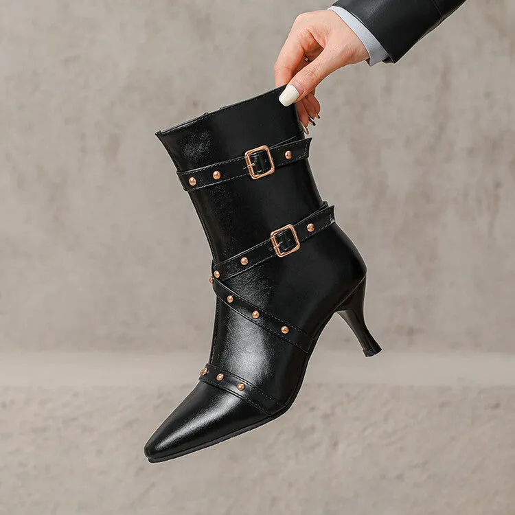 Women's Buckle Strap Pointed Toe Studded Spike Heel Ankle Boots