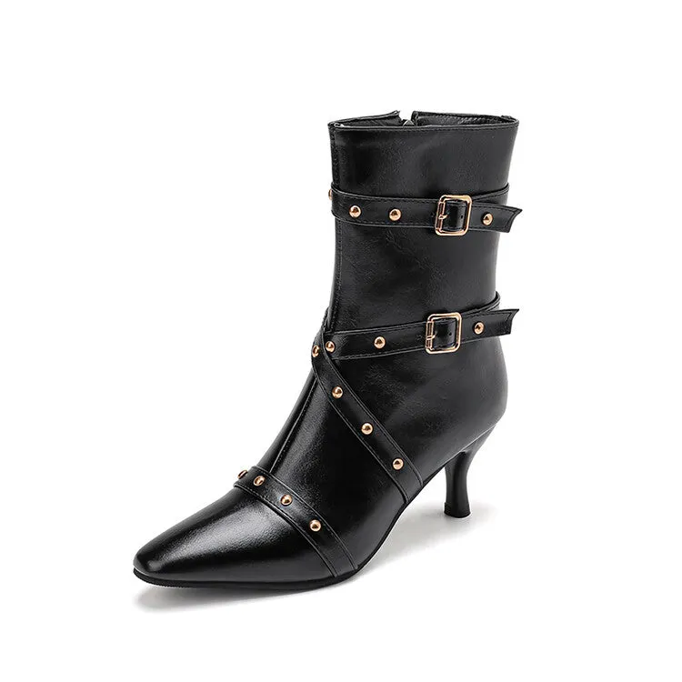 Women's Buckle Strap Pointed Toe Studded Spike Heel Ankle Boots