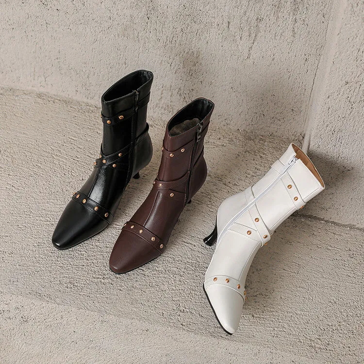 Women's Buckle Strap Pointed Toe Studded Spike Heel Ankle Boots