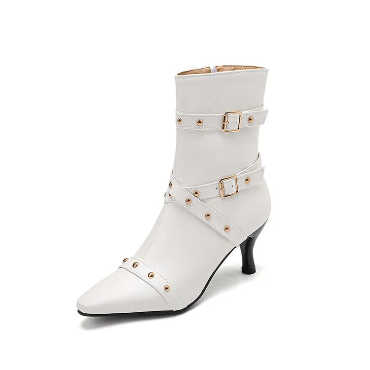 Women's Buckle Strap Pointed Toe Studded Spike Heel Ankle Boots