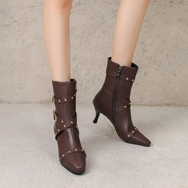 Women's Buckle Strap Pointed Toe Studded Spike Heel Ankle Boots