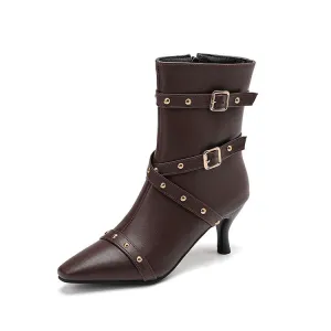 Women's Buckle Strap Pointed Toe Studded Spike Heel Ankle Boots