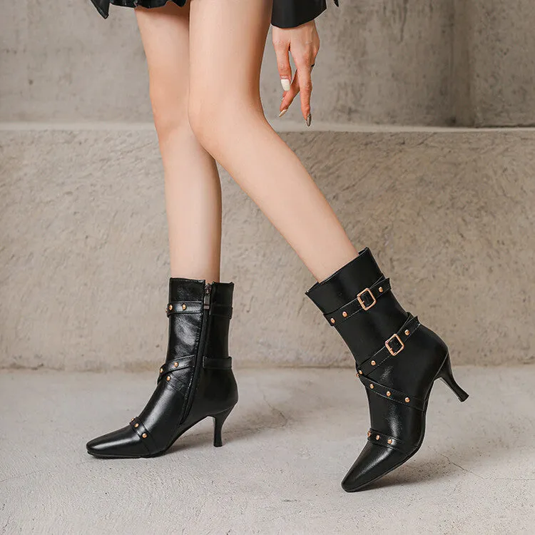 Women's Buckle Strap Pointed Toe Studded Spike Heel Ankle Boots