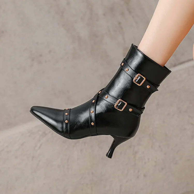 Women's Buckle Strap Pointed Toe Studded Spike Heel Ankle Boots