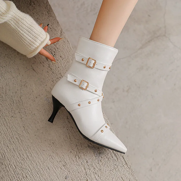 Women's Buckle Strap Pointed Toe Studded Spike Heel Ankle Boots