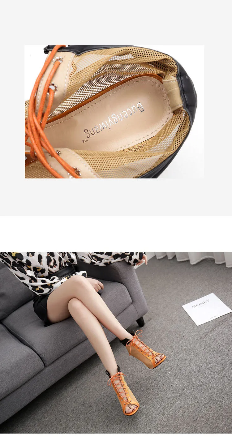 Women's Cool Boots Spring Mesh Hollow Super High Heel Shoes Roman Shoes