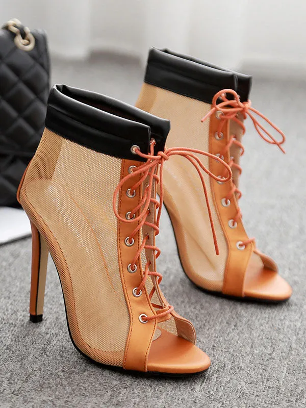 Women's Cool Boots Spring Mesh Hollow Super High Heel Shoes Roman Shoes