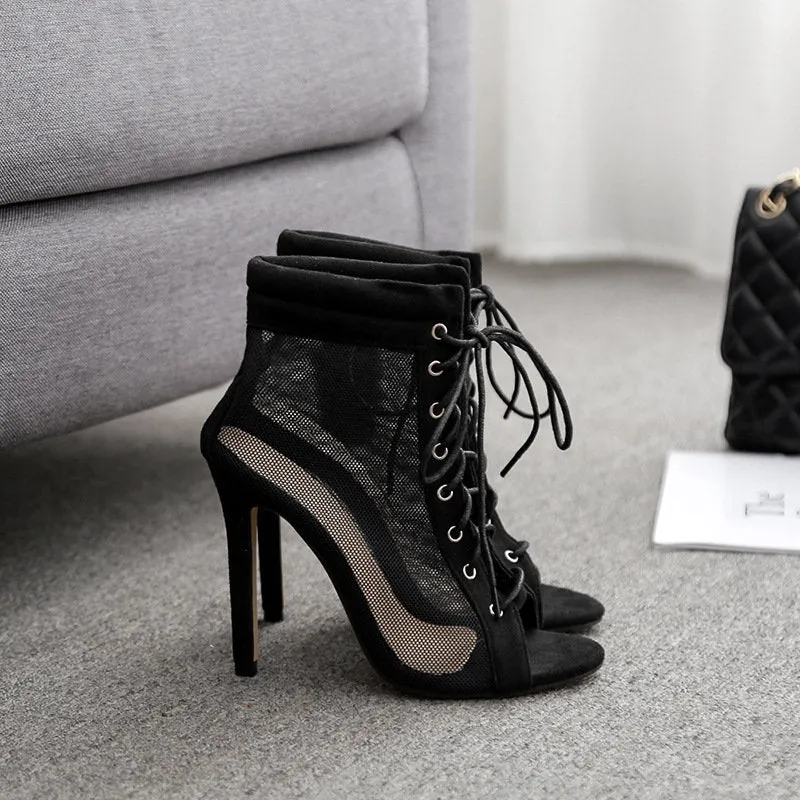 Women's Cool Boots Spring Mesh Hollow Super High Heel Shoes Roman Shoes