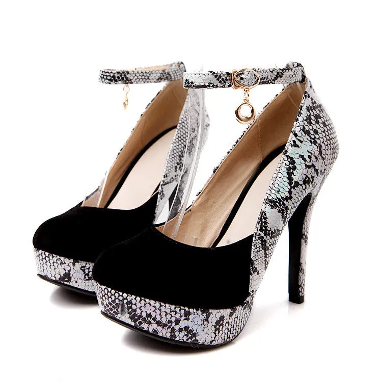 Women's Snakeskin Pattern Ankle Straps High Heel Platform Pumps Shoes 3872