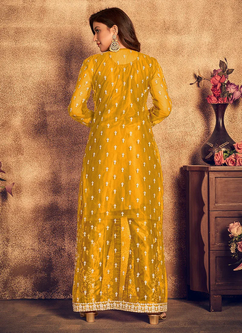 Yellow Traditional Embroidered Jacket Style Pant Suit