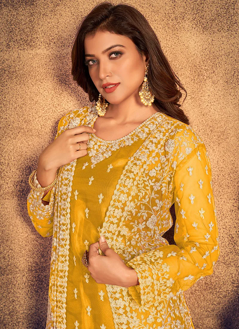Yellow Traditional Embroidered Jacket Style Pant Suit