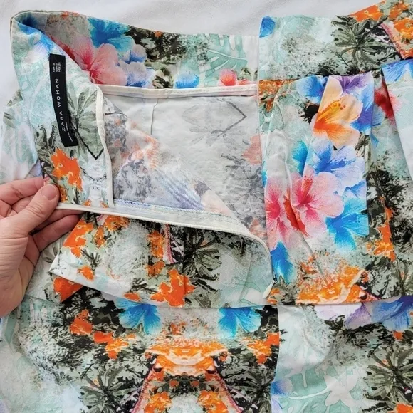 Zara women puff peplum pencil mini skirt Hawaiin floral print S